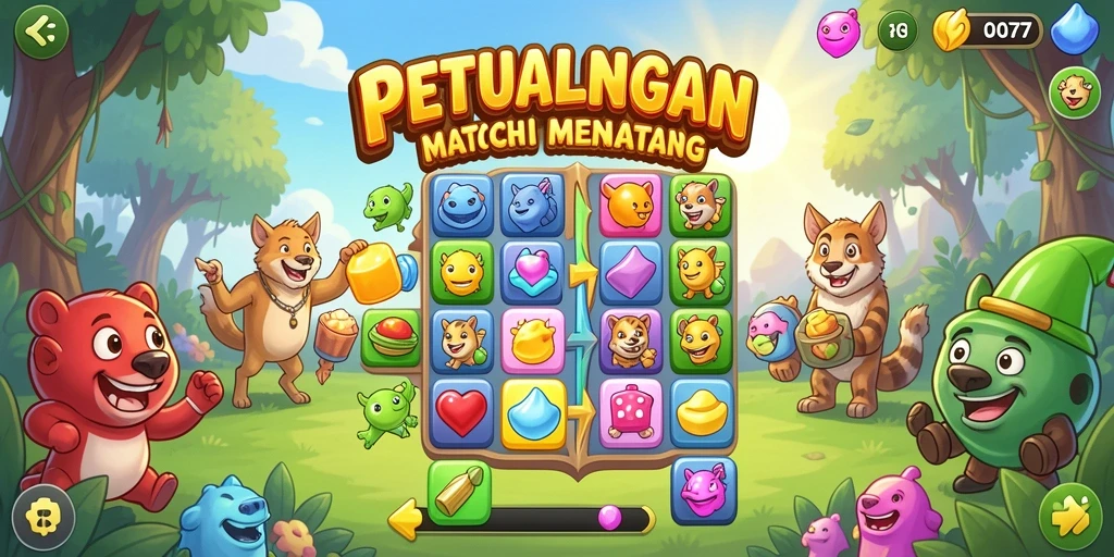 Gameplay seru mencocokkan item Match-3 yang penuh warna.