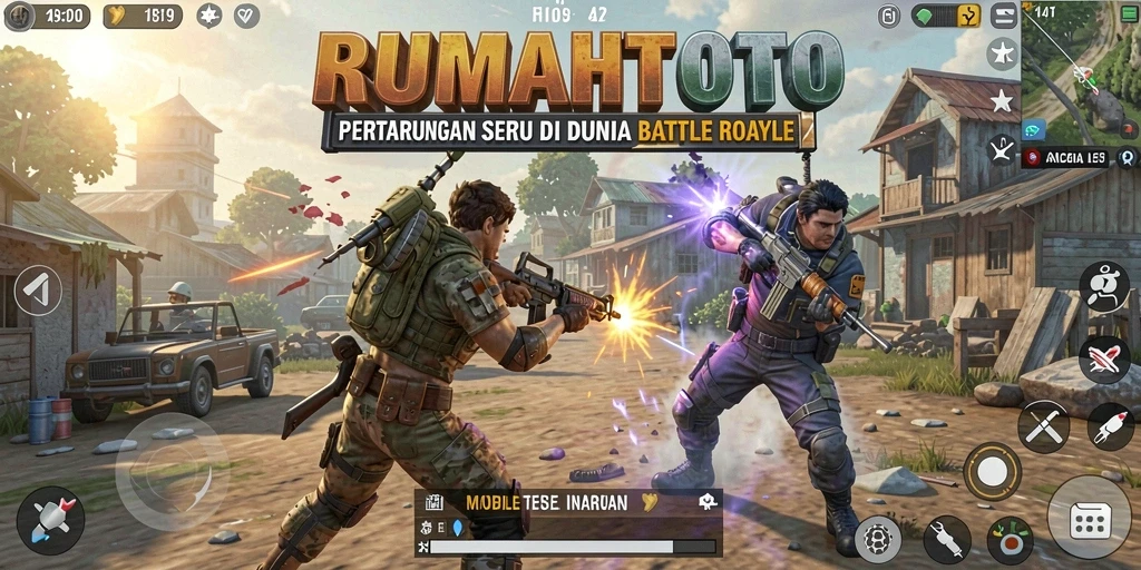 Screenshot RUMAHTOTO menampilkan pertarungan intens di medan perang Battle Royale.